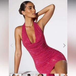 Oh Polly Raquel Embellished Extreme Cowl Neck Halter Mini Dress Hot Pink US 4